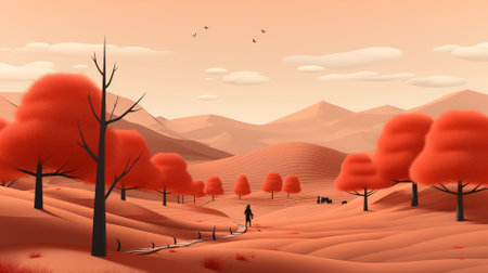 Autumn landscape with red trees and a man walking on the road.の素材
