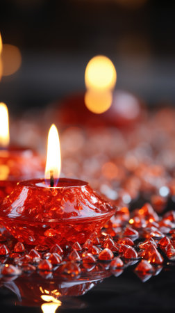 Burning candles on dark background, closeup. Space for textの素材
