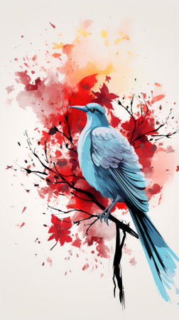 Watercolor illustration of a bird sitting on a branch of a treeの素材