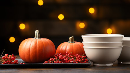 Composition with pumpkins and bowls on wooden table against blurred lightsの素材
