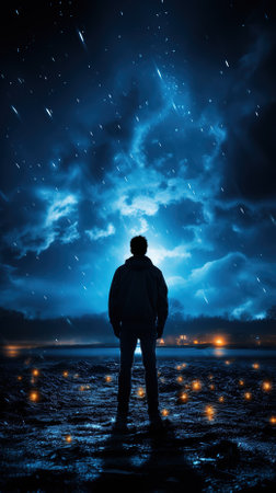Man looking at night sky with clouds and stars, standing in rainの素材
