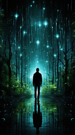 Man in the dark forest with lights and fog. 3D renderingの素材