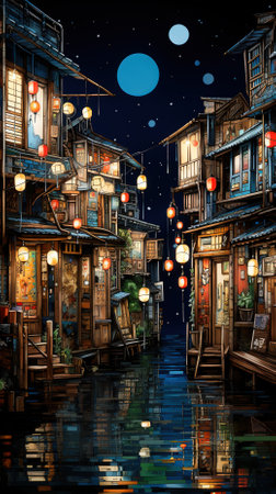 Illustration of a small village in the night with lanterns.の素材