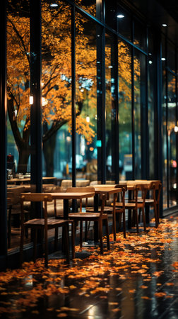 Street view of a Parisian cafe with autumn leaves in the foregroundの素材