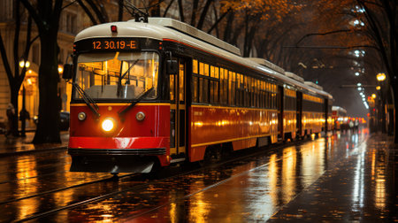 Red tram in the city at night, Prague, Czech Republic.の素材