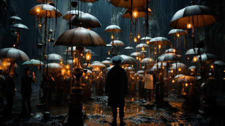 Fairy tale scene. Silhouette of a man with an umbrella in a dark forestの素材