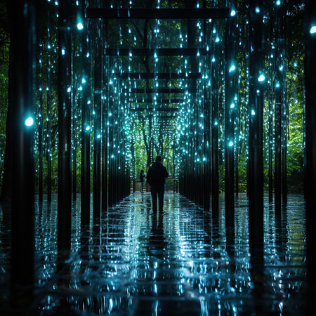 Man walking through a tunnel of lights in the forest at night.の素材