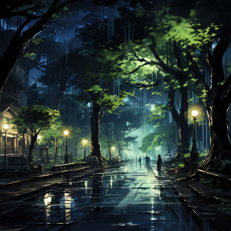 Illustration of a city street at night with trees and lights.の素材