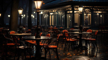 Tables and chairs in a street cafe on a rainy autumn nightの素材