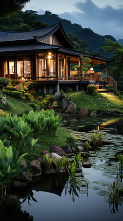 Luxury villa in the garden with lake at night.の素材