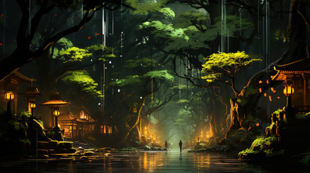 Illustration of a witch in a dark forest with a lanternsの素材