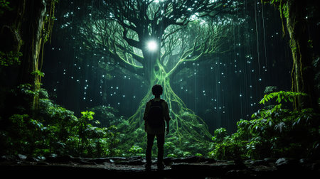 Man looking at big tree in the dark forest. 3d renderingの素材