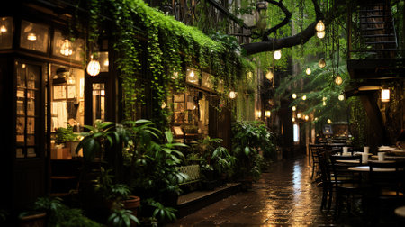 Interior of cozy european restaurant at night with green plantsの素材