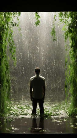 Man in raincoat looking out from under the weeping willow treeの素材