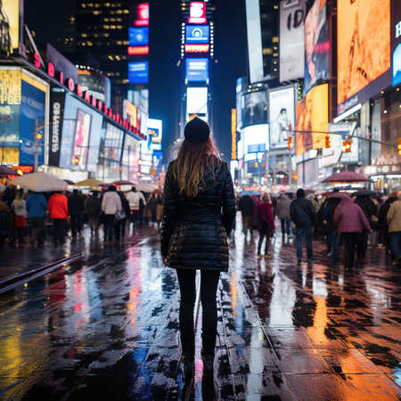 Woman in Times Square in New York City at nightの素材