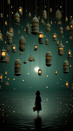 Silhouette of a girl standing in the water with lanternsの素材