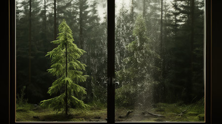 Window with a view of a misty forest. 3D renderingの素材