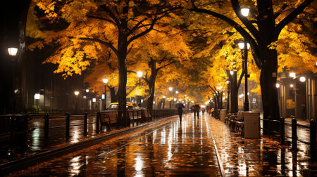 Ginkgo trees in the rain at night, Tokyo, Japanの素材