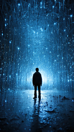 Man standing in rain and looking at spotlights, nightlife conceptの素材