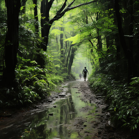 hiking in the forest, photo as a background, digital imageの素材