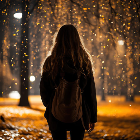 Back view of young woman walking in the park at night, back viewの素材
