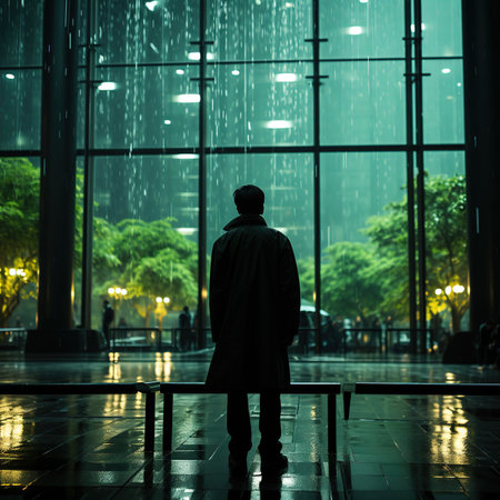 Silhouette of a man in the rain in the city.の素材