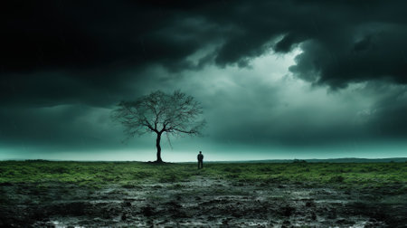 Lonely tree in the meadow with dark stormy skyの素材