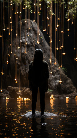 Silhouette of a woman standing in the water and looking at the light bulbsの素材