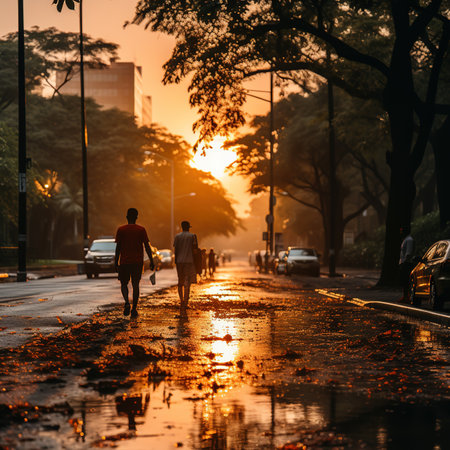 Couple walking in the rain on the street at sunset time.の素材