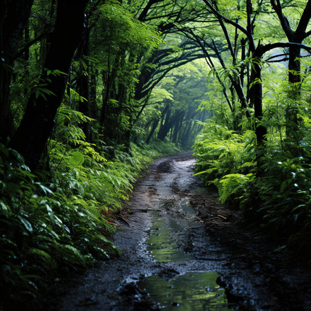 Winding path in the forest with water puddles on the groundの素材