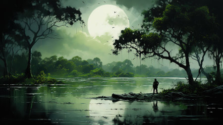 Man standing on the river bank and looking at the full moon.の素材