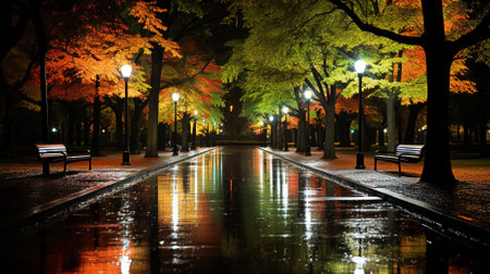 Autumn park at night with bright lights, benches and trees.の素材