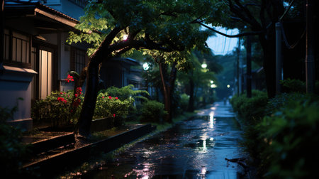Street in Japan at night with puddles and lanterns.の素材