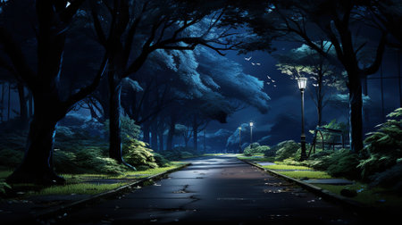 Fantasy night landscape with road and trees. 3D rendering.の素材