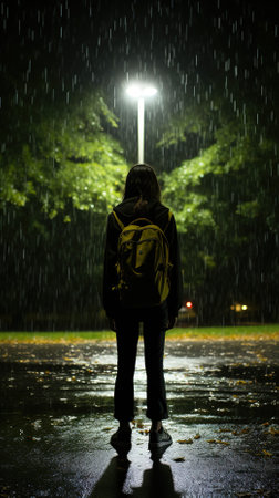 Young woman in raincoat with backpack looking at street light in rainy nightの素材