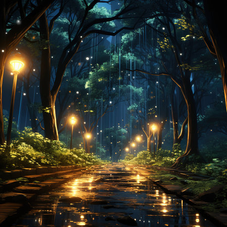 Fantasy night landscape with road in the forest. 3d renderingの素材