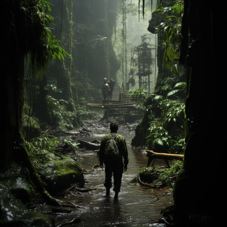 Silhouette of a man walking in the rain forest at nightの素材