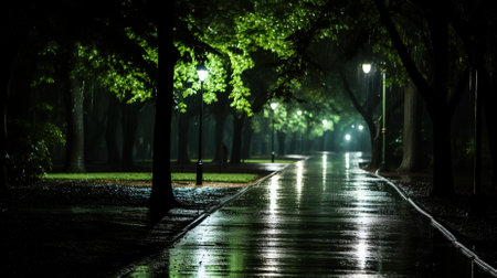 Night city park with street lights and wet asphalt. Selective focusの素材