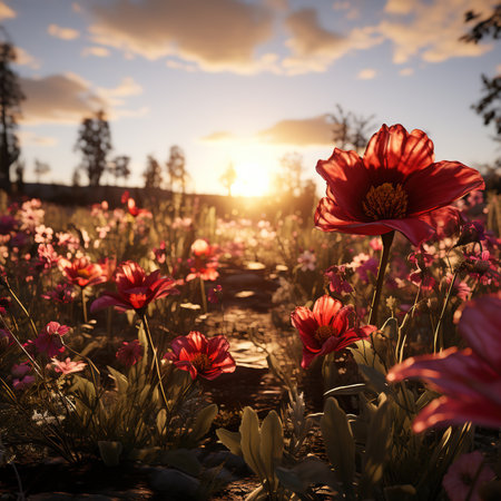 Red poppies in the field at sunset. Beautiful landscape.の素材