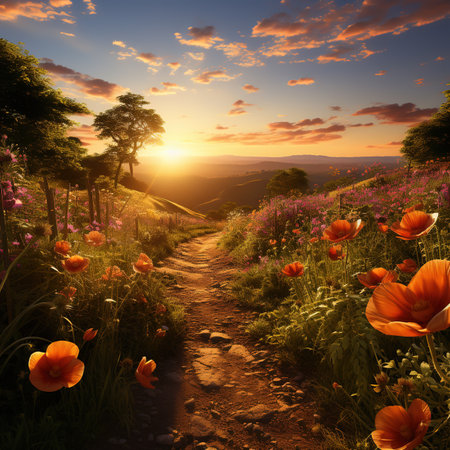 Beautiful spring landscape with red poppies and mountains at sunsetの素材