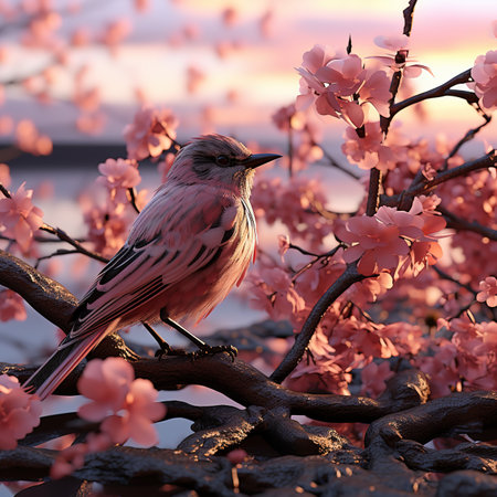Bird sitting on a branch with pink sakura blossom in the backgroundの素材