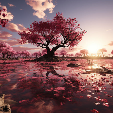 Beautiful spring landscape with blooming tree and lake. 3d renderの素材