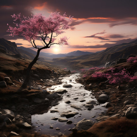 Beautiful spring landscape with a mountain river and a blooming treeの素材