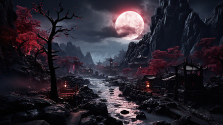 Halloween night landscape with full moon and full moon. 3D renderingの素材