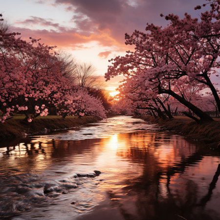 Cherry blossoms in full bloom in the spring, with a beautiful sunset.の素材