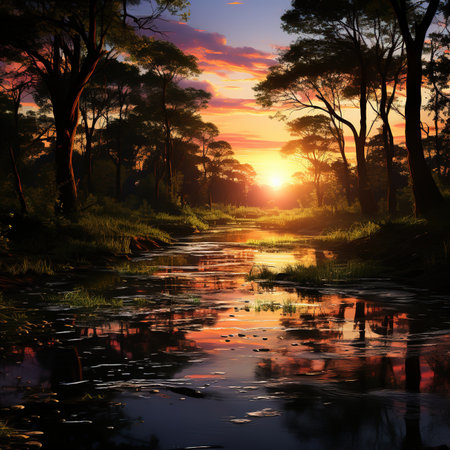 Beautiful sunset over the river in the forest. 3d renderの素材