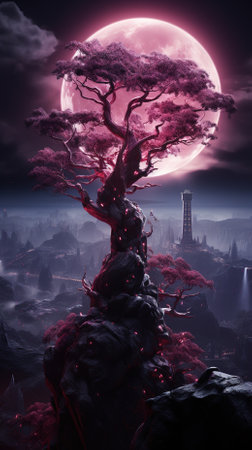 Fantasy landscape with a tree on top of a mountain. 3d renderingの素材