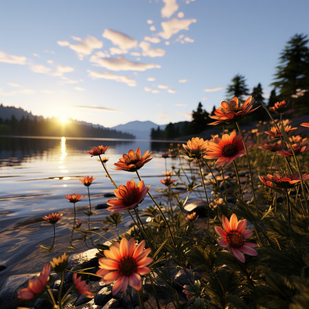 Beautiful sunset over the lake with flowers in the foreground and mountains in the backgroundの素材