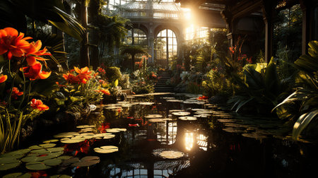 Beautiful flower garden in the evening light with reflection in the waterの素材