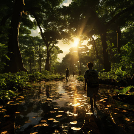 Silhouette of man and woman walking in rain forest at sunsetの素材